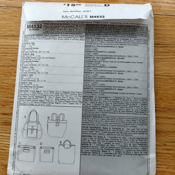 Vintage Purse Tote Bag Backpack Sewing Pattern Minimalist McCall's 4532 UNCUT - Picture 5 of 10
